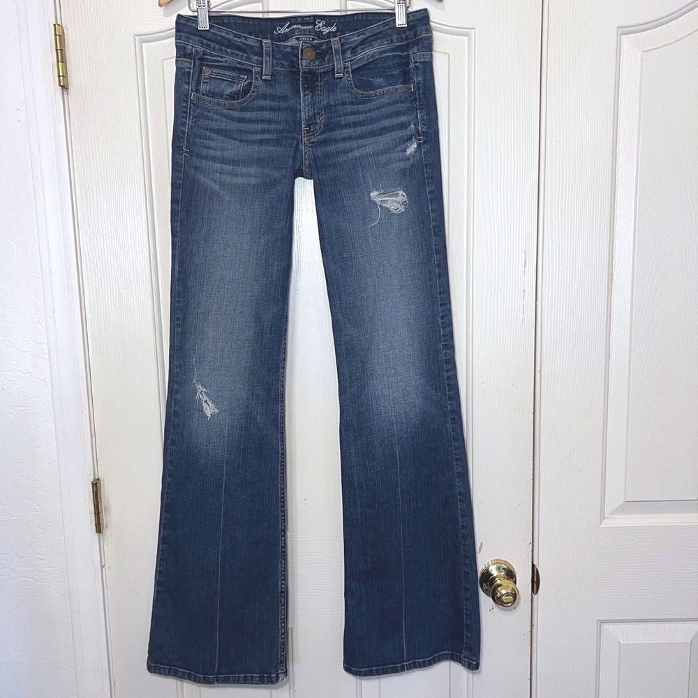 Y2K American Eagle Hipster Low Rise Wide Flare Jeans 6 Long Dark Wash Distressed